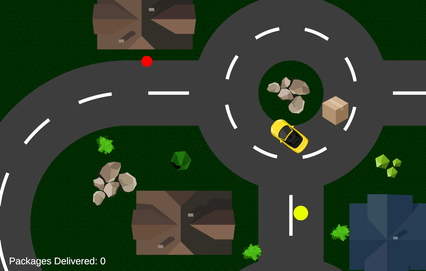 A yellow car on a road with a box and a red circle nearby with houses and trees